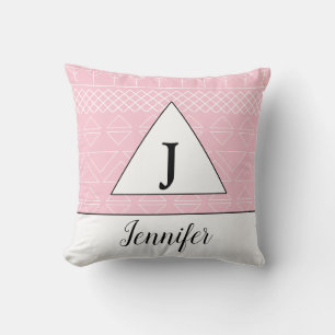 Coussin Monogramme Nom Motif Géométrique Rose Blanc