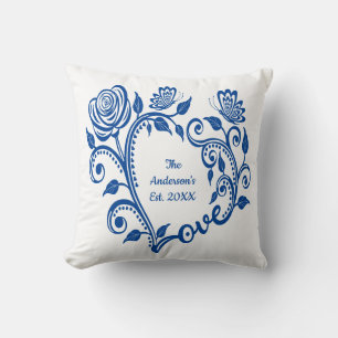 Coussin Monogramme Nom Papillons Bleus Fleurs Amour Coeur