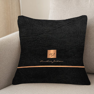 Coussin Monogramme nom personnalisé or noir élégant