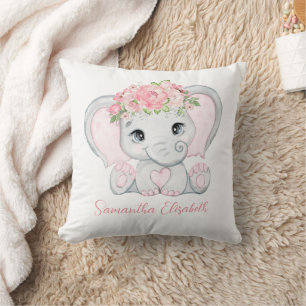 Coussin Monogramme Nom Pink Baby Elephant Baby Girl Nurser