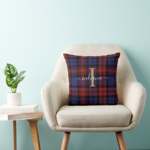 Coussin Monogramme Nom Plaid Rouge Violet Rustique Tartan