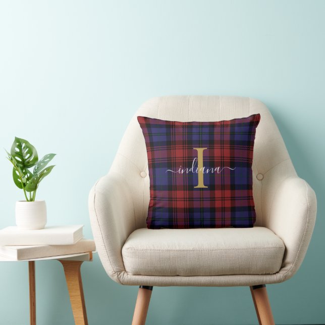 Coussin Monogramme Nom Plaid Rouge Violet Rustique Tartan (Chaise)