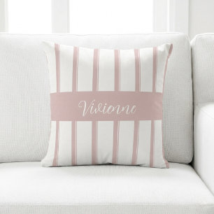 Coussin Monogramme Nom Rayures Aquarelle Rose Pâle