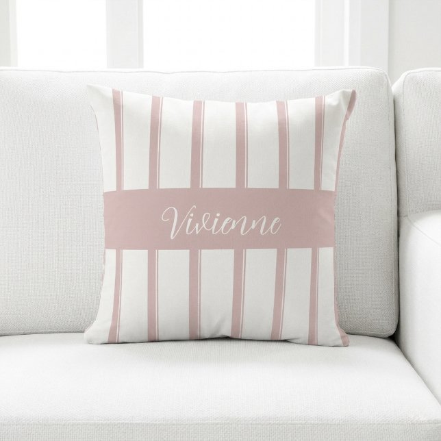 Coussin Monogramme Nom Rayures Aquarelle Rose Pâle (Créateur téléchargé)
