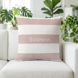 Coussin Monogramme Nom Rayures Aquarelle Rose Pâle