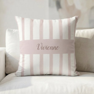 Coussin Monogramme Nom Rayures Aquarelle Rose Pâle