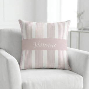 Coussin Monogramme Nom Rayures Aquarelle Rose Pâle