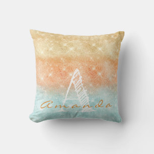 Coussin Monogramme Ombre Nom Tiffany Aqua Peach Gold Blue
