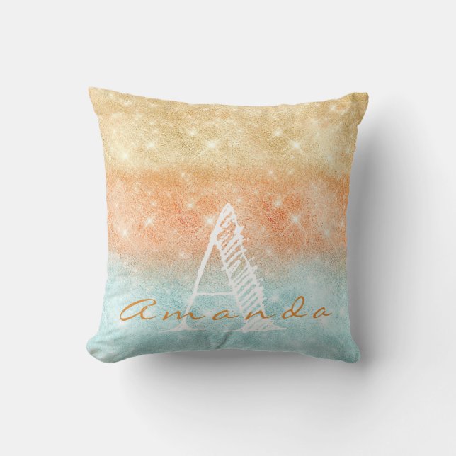 Coussin Monogramme Ombre Nom Tiffany Aqua Peach Gold Blue (Recto)