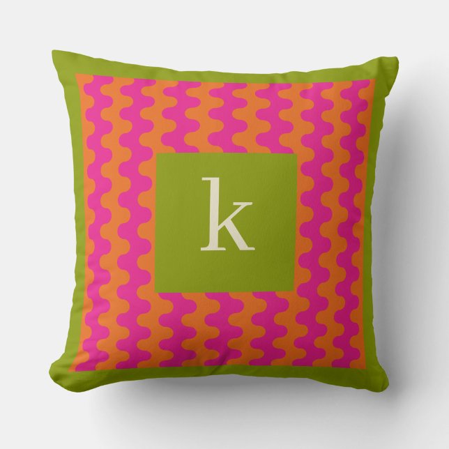 Coussin Monogramme ondulé audacieux rose orange vert vif  (Créateur téléchargé)