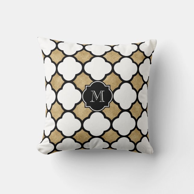 Coussin Monogramme Or Blanc Noir Géométrique Quatrefoil (Recto)