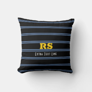 Coussin Monogramme Or Gras, Nom, Lignes Bleues sur Fond No