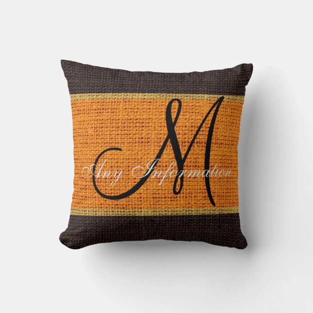 Coussin Monogramme Orange et Brown Burlap Jute (Recto)