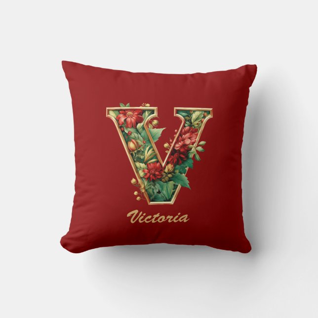 Coussin Monogramme Ornate V Noël Jeu d'or rouge (Recto)