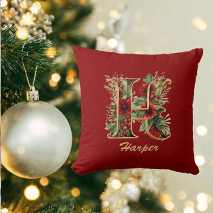 Coussin Monogramme Orné Personnalisé H Noel Rouge Or