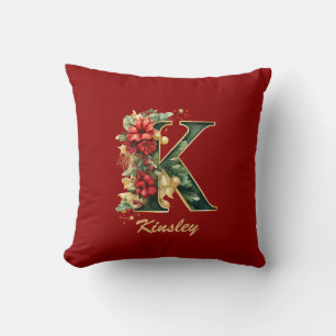 Coussin Monogramme Orné Personnalisé K Noël Rouge Or