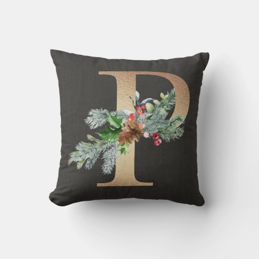 Coussin Monogramme P Or Pine et Baies Noël Famille (Recto)