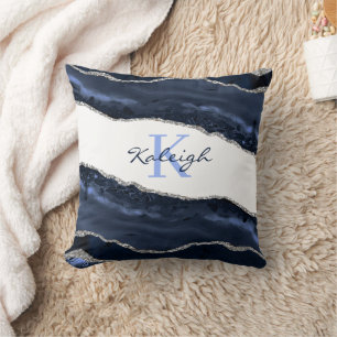 Coussin Monogramme pailleté argent et marbre bleu marine é