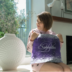 Coussin Monogramme pailleté argenté violet foncé