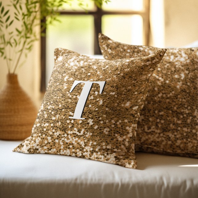 Coussin Monogramme Pailleté Chunky Or (Gold Chunky Glitter Monogrammed Throw Pillow)