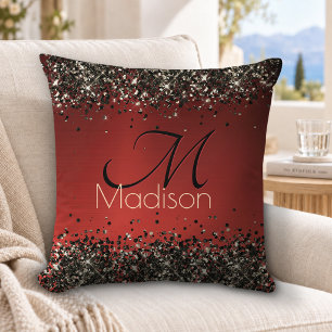 Coussin Monogramme pailleté élégant rouge noir or