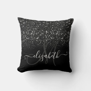 Coussin Monogramme Pailleté Noir Élégant Moderne