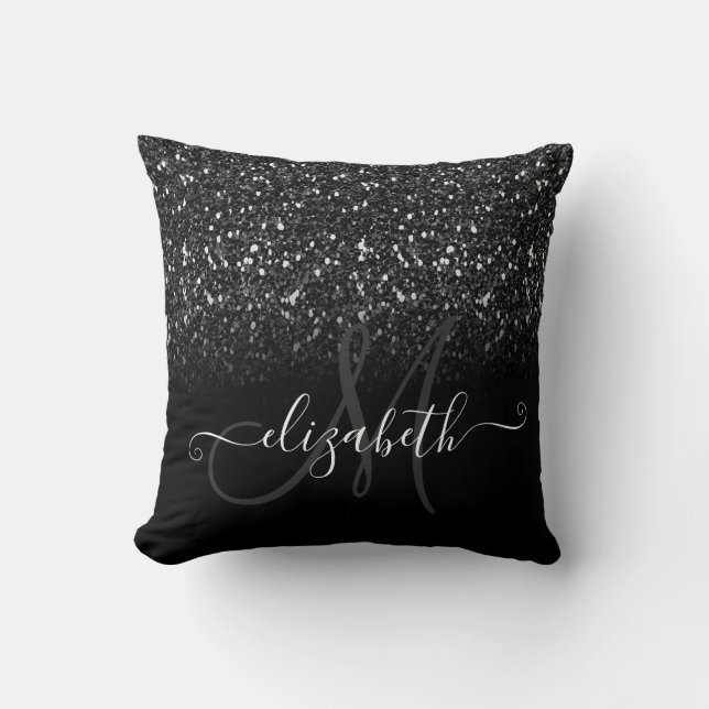Coussin Monogramme Pailleté Noir Élégant Moderne (Recto)
