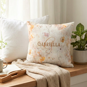 Coussin Monogramme personnalisé à l'aquarelle florale élég