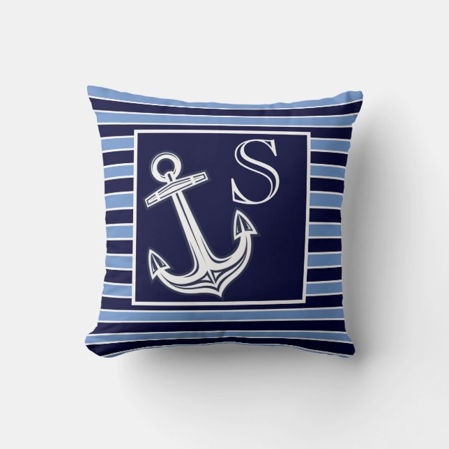 Coussin Monogramme personnalisé Ancre marine Bandes bleues (Recto)