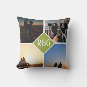 Coussin Monogramme personnalisé avec 4 photos vert