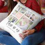 Coussin Monogramme personnalisé C'est nous Photo Collage<br><div class="desc">Monogram coussin avec les mots "This is us" dans un script élégant avec 8 photos carrés disposées dans une grille sur le devant et le dos, ce qui en fait 16 photos au total que vous pouvez remplacer par vous-même photos contre un arrière - plan blanc. Vous pouvez également ajouter...</div>