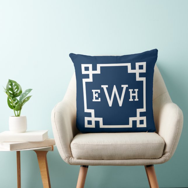 Coussin Monogramme personnalisé clé grecque bleu marine mo (Chaise)