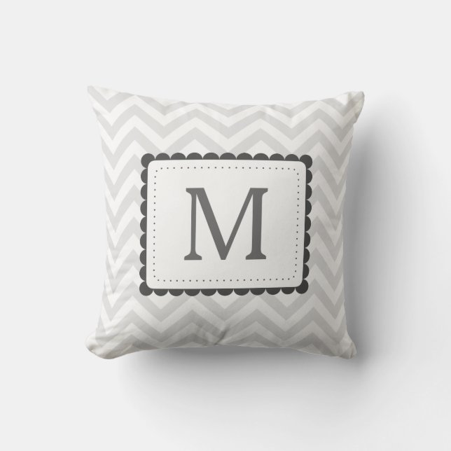 Coussin Monogramme Personnalisé De Chevron Gris Et Blanc (Recto)