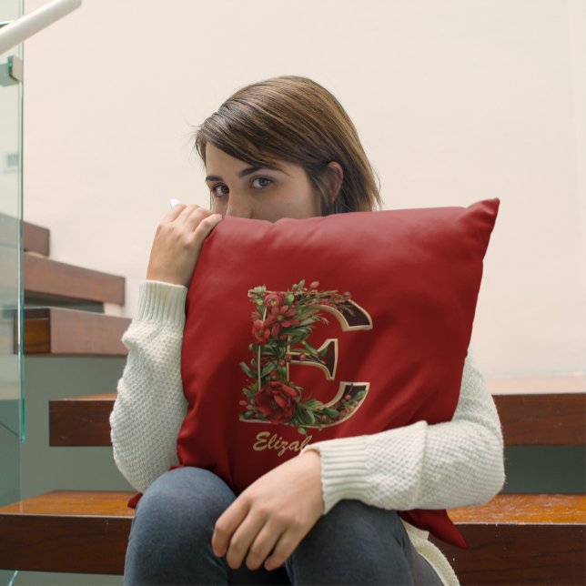Coussin Monogramme personnalisé E Noël Rouge Or (Créateur téléchargé)
