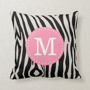 Coussin Monogramme personnalisé en bande de zèbre rose cla