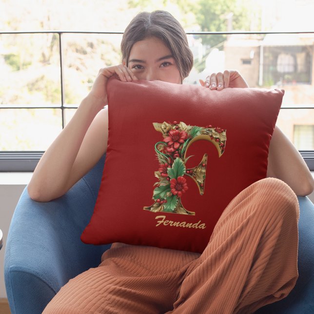 Coussin Monogramme personnalisé F Noir Rouge Or (Créateur téléchargé)
