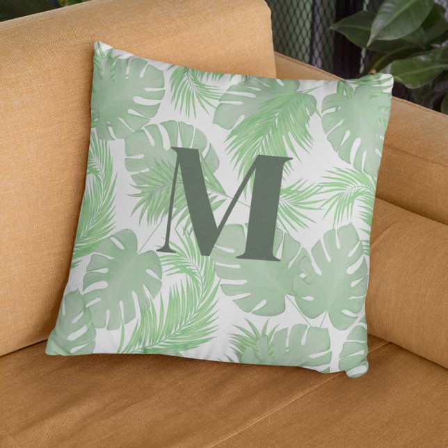 Coussin Monogramme personnalisé Feuille de palme vert (palm leaves monogram pillow)