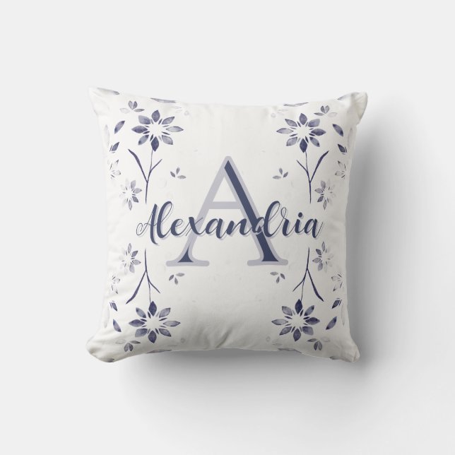Coussin Monogramme Personnalisé Fleurs Bleues Nom (Recto)