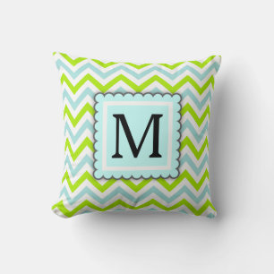 Coussin Monogramme personnalisé Green & Aqua Blue Chevron