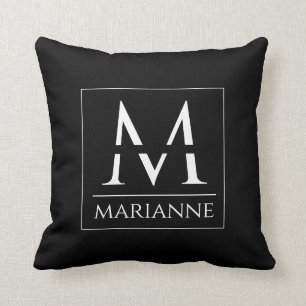 Coussin Monogramme personnalisé minimaliste moderne noir e