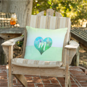 Coussin Monogramme personnalisé Moderne Cœur Bleu Vert Gru