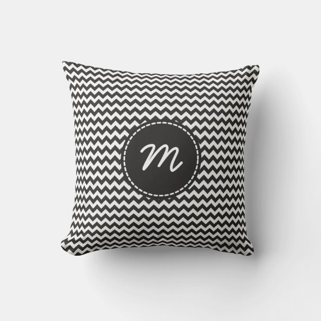 Coussin Monogramme personnalisé Motif Chevron noir et blan (Recto)