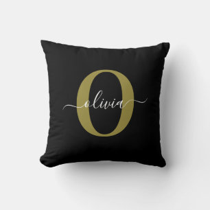 Coussin Monogramme personnalisé Nom du script Black White
