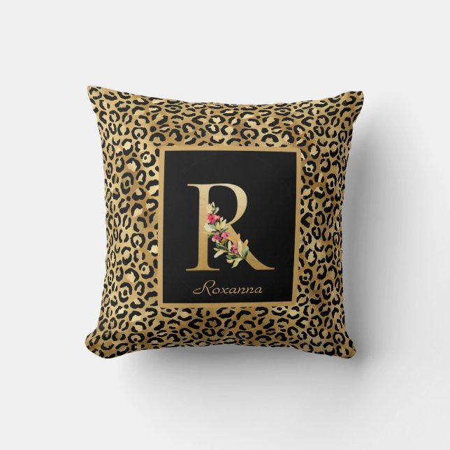 Coussin Monogramme personnalisé R Léopard Moderne (Recto)