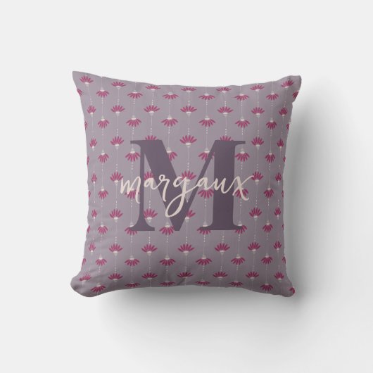 Coussin Monogramme personnalisé réversible Lilac Boho Flor (Recto)