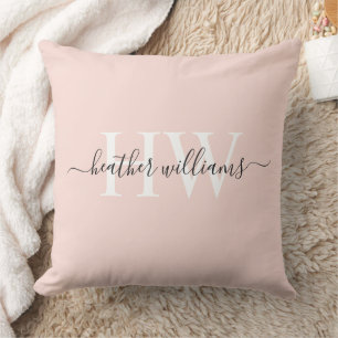 Coussin Monogramme personnalisé rose blanc pastel doux lum