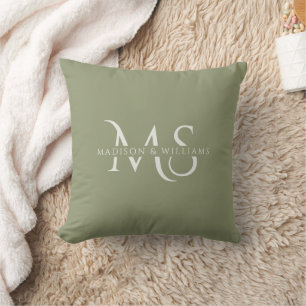 Coussin Monogramme personnalisé vert blanc initial & nom 