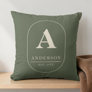 Coussin Monogramme personnalisé vert olive Famille établie