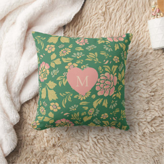 Coussin Monogramme Personnalisé Vintage Floral Vert Forêt