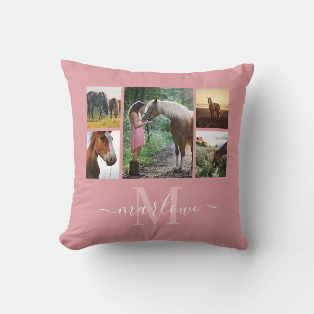 Coussin Monogramme Photo Collage de Cheval Rose Bleu Fille (Recto)